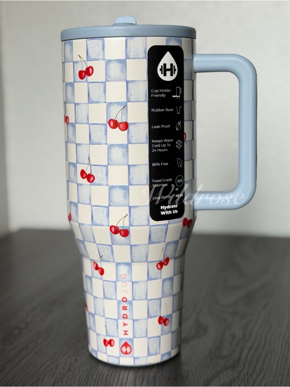 HydroJug ACTA cherry checkers 40 oz Traveler Tumbler - Cherries blue checker